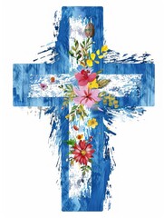 Easter Cross on Blue Watercolor Background with Floral Design Generative AI