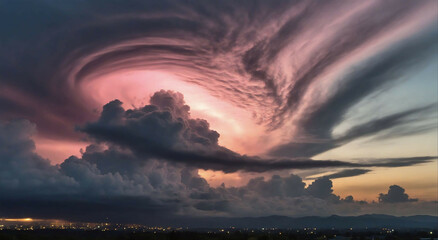 A majestic sky of swirling clouds illuminated. A sky with clouds, some pink and some grey, against a blue sky.