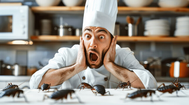 A cook saw a cockroach in the kitchen of a restaurant.