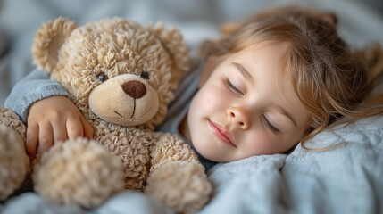 Cute little girl sleeping with teddy bear on bed at home