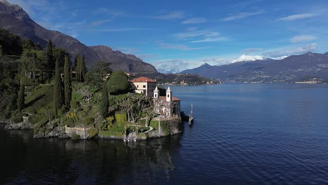 Aerial view of Villa Balbianello peninsula on Lake Como