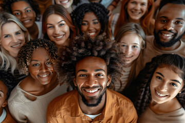 A large diverse group of people, including men and women from various ethnic backgrounds, are depicted smiling and facing the camera in an overhead shot.