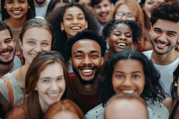 Obraz premium A large diverse group of people, including men and women from various ethnic backgrounds, are depicted smiling and facing the camera in an overhead shot.