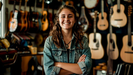 Fototapeta premium A young American woman smiling in her own musical instrument store, surrounded by various instruments and accessories.