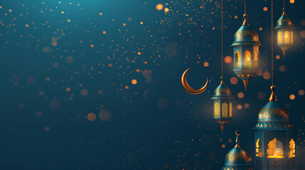 Islamic greeting background adorned with lantern, mosque, and crescent moon Minimalist Islamic backdrop with burning candle, bokeh lights, festival poster, Suitable Hari Raya, Eid Mubarak, Eid al Adha - obrazy, fototapety, plakaty