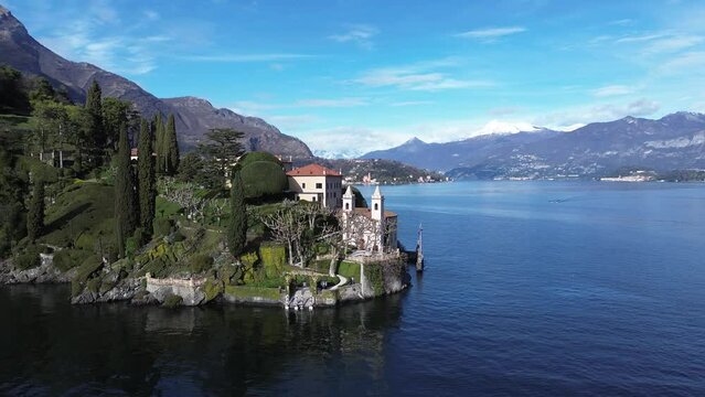 Aerial view of Villa Balbianello peninsula on Lake Como