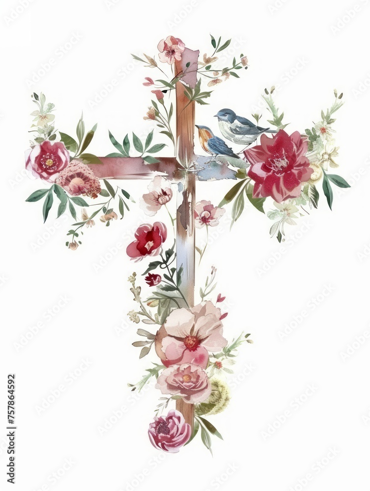 Sticker Watercolor Christian Cross with Vibrant Flowers and Bird Generative AI