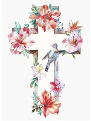Watercolor Christian Cross with Vibrant Flowers and Bird Generative AI