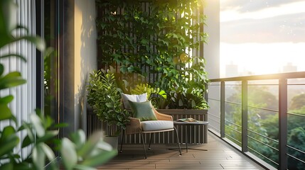 Modern Balcony Oasis Tranquil Urban Sanctuary Boasting Lush Green Plant Wall and City View