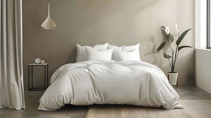 Minimalist Serenity Pure White Duvet Cover Adorning a Platform Bed in a Calm Neutral Bedroom