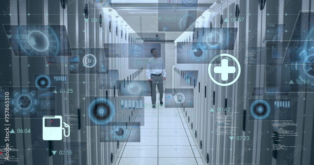 Poster image of icons and data processing over caucasian it engineer and computer servers