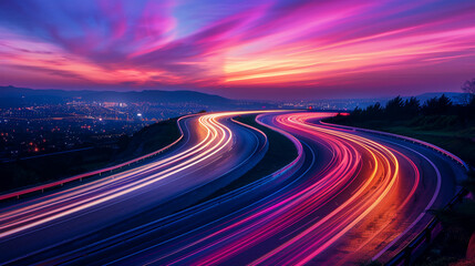 Abstract long exposure photo of car light trails on a winding mountain road at night with city lights in the background