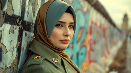 A Muslim woman in a classic Cold War era uniform poised before historic Berlin Wall graffiti