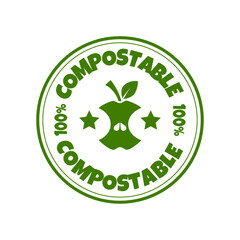 100% compostable stamp. Compost Ecology icon. Green Apple Core sign with seeds. Natural products sticker, label, badge and logo template with green leaves for organic and eco friendly products.
