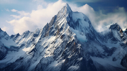 mountain peak covered with snow in the morning - obrazy, fototapety, plakaty