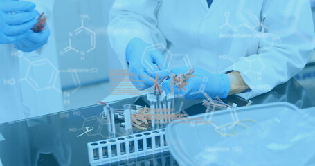 Lab workers examine samples amid COVID-19, depicted with flowing data imagery.