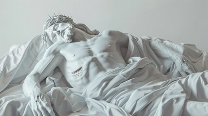 Jesus's Sleepover: A White Jesus Statue Laying on a Bed Generative AI