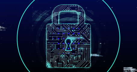 Image of online security padlock with computer circuit board in background