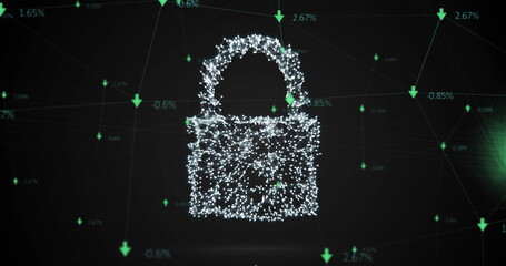 Image of online security padlock with data processing in background
