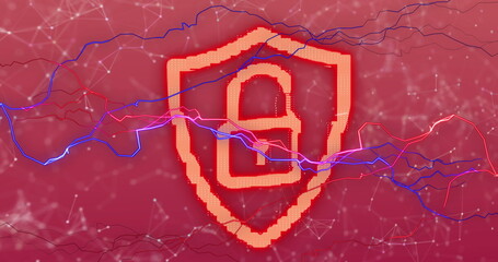 Image of online security padlock with network of connections on red background