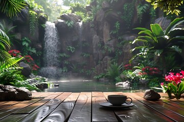 a cup of coffee on a wooden table in front of a waterfall in a little garden with a lot of tropical plants