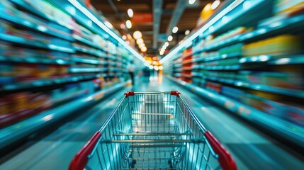 a close-up shot of a shopping cart looking blurry as it sits between shopping shelves - obrazy, fototapety, plakaty