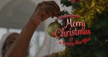 Image of wishing you a merry christmas and a happy new year text over african american woman