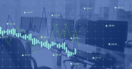 Image of financial data processing against computers on office desks