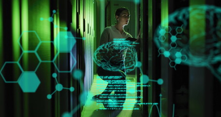 Image of data processing and digital brain over caucasian woman in server room