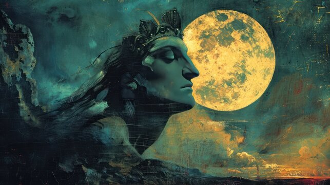 19th century romantic era gericault delacroix ingres of Greek goddess hecate the faces moon crown, 