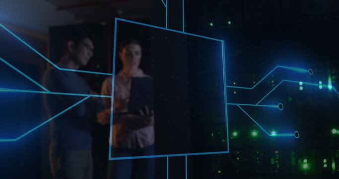 Image of computer circuit board and digital brain over diverse workers in server room