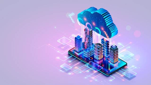 Smart city on screen smart phone. Modern future skyscrapers communications with cloud storage. Digital cloud hanging over smart city on touchscreen smartphone. Cloud computing. IOT. internet of things