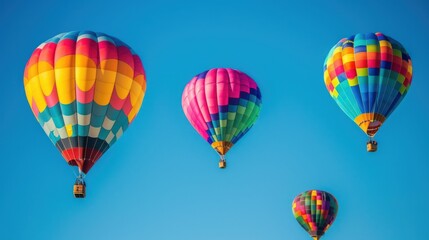 Multiple vibrant hot air balloons soaring in a clear blue sky, symbolizing freedom, travel, and adventure.