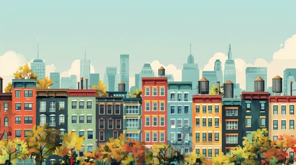 Artistic illustration of a vibrant cityscape with a row of colorful buildings and autumn-colored trees, set against a backdrop of skyscrapers and a clear sky.