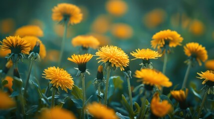 Vivid yellow dandelions standing out against a cool teal-toned backdrop, highlighting nature's contrasting colors.
