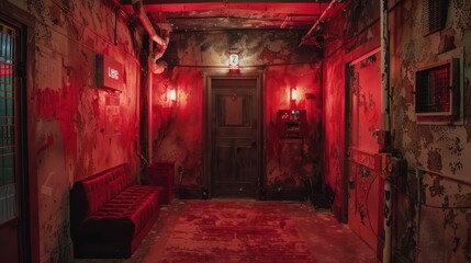 Fototapeta na wymiar An eerie abandoned hallway lit by red neon lights, with a couch and decrepit walls, creating a horror movie setting.