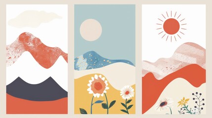 Fototapeta na wymiar Abstract serene illustration featuring layered mountains with a warm sun and blooming flowers in a calming color palette, invoking a sense of peace and nature's beauty. Great as banner design.