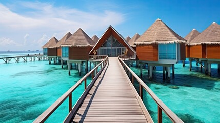 A wide-angle view of a group of typical triangle cottages of a Maldivian resort with a wooden bridge to them; multiple bungalows with triangle roofs as a part of luxury hotel houses in the Maldives.

