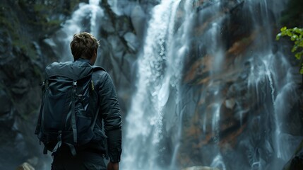 Backpacker Admiring Breathtaking Waterfall, Portrait, Backpacker, waterfall, adventure