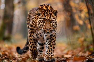 Amur leopard walking through a forest filled with leaves