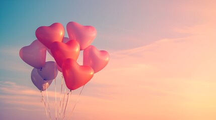 Fototapeta premium Balloon Hearts Rising against Gradient Sky with Clouds, Balloon, hearts, sky