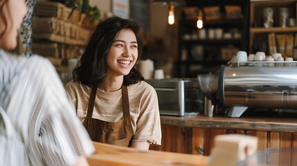Barista Woman Speaking with Client, Clean Plain Background, Barista, woman, client