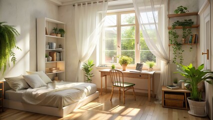 Modern interior of a bedroom with green houseplants