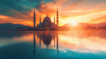 Serene sea reflecting mosque silhouettes for Ramadan Kareem religious holiday background, Mosque where the sun is reflected in the lake, calm sea, Happy ramadan, ramadhan, ramazan travel destinations - Powered by Adobe
