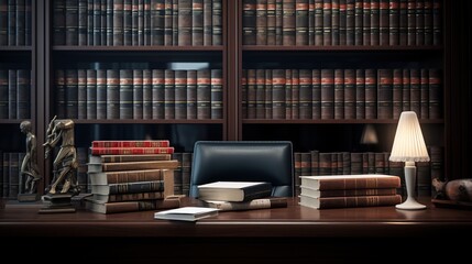 Law Book On Wooden Desk With Law Books In Background In Courtroom