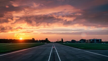 Fototapeta premium “Include faint outlines of distant buildings or structures beyond the airport runway, enhancing the enchanting sky.