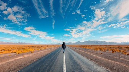 Along an empty road, a lone figure surrounded by vast, open space embodies the essence of freedom and exploration