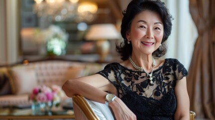 A 50-year-old rich Chinese woman with smooth skin, wearing a black lace jumpsuit, expensive watch 