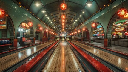 Retro bowling alley with vintage lanes and a classic snack bar - obrazy, fototapety, plakaty