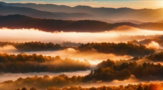 Autumn sunrise shadows over deep valley with lake and moving clouds
